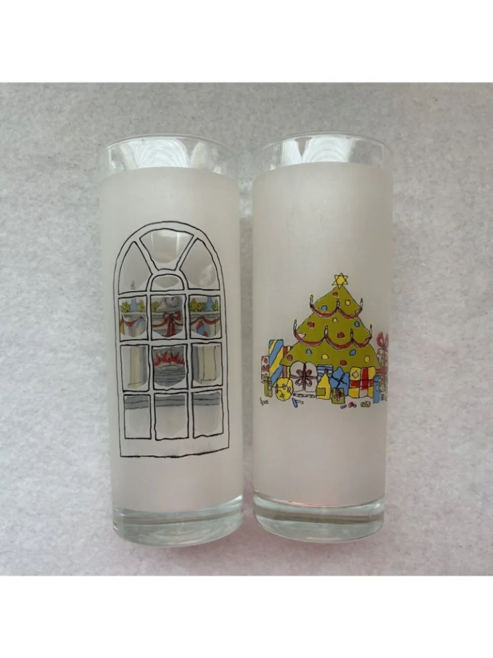 Christmas Frosted Highball Tumblers Window Scene Glasses Set Portugal Vintage